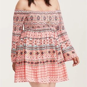 Torrid Mosaic Print Smocked Bell Sleeve Dress